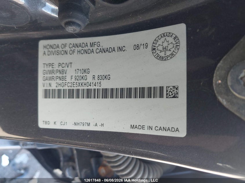 2019 HONDA CIVIC SEDAN 2.0L I-4 DOHC, VVT, 158HP