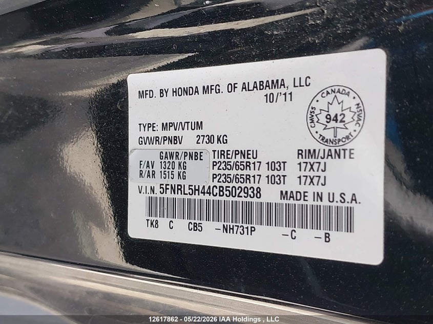 2012 HONDA ODYSSEY VAN 3.5L V-6 VVT, 248HP