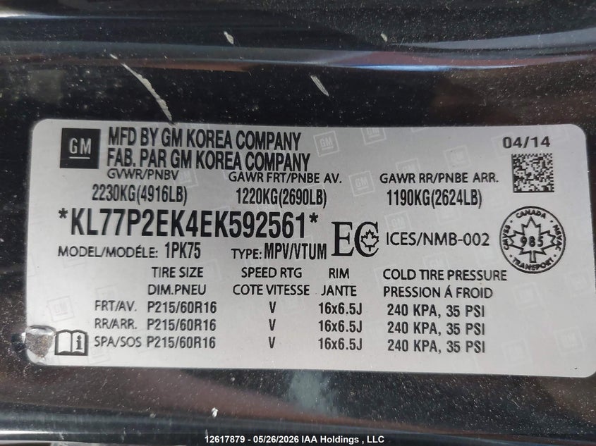 2014 CHEVROLET ORLANDO SPORT UTILITY VEHICLE 2.4L I4 FI DOHC 16V NF4