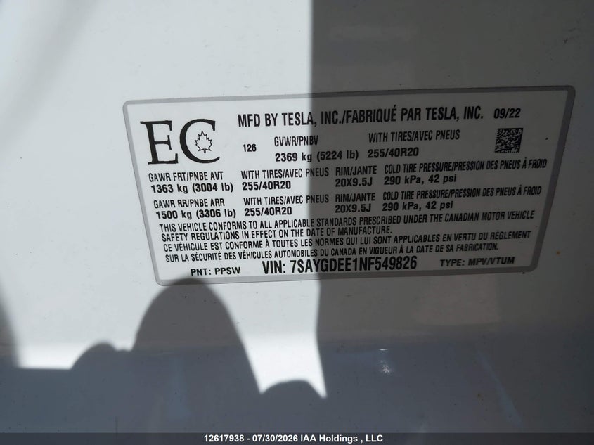 2022 TESLA MODEL Y LONG RANGE ELECTRIC