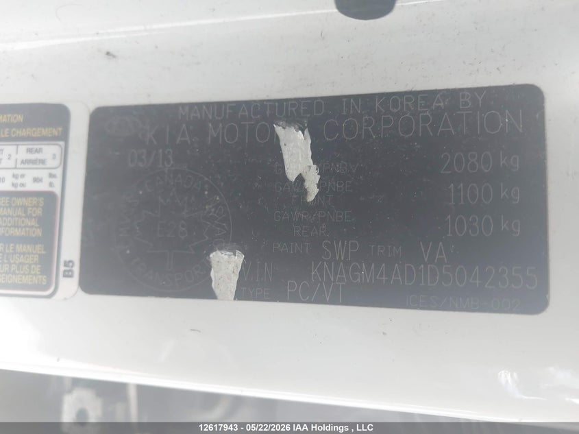 2013 Kia Optima Hybrid VIN: KNAGM4AD1D5042355 Lot: 12617943