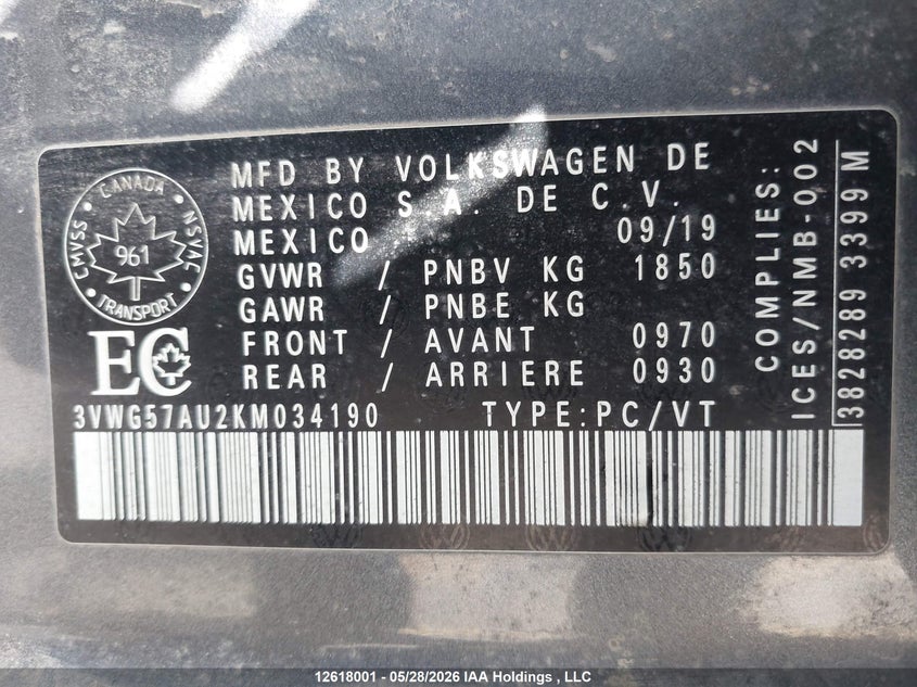 2019 Volkswagen Golf S/Se VIN: 3VWG57AU2KM034190 Lot: 12618001