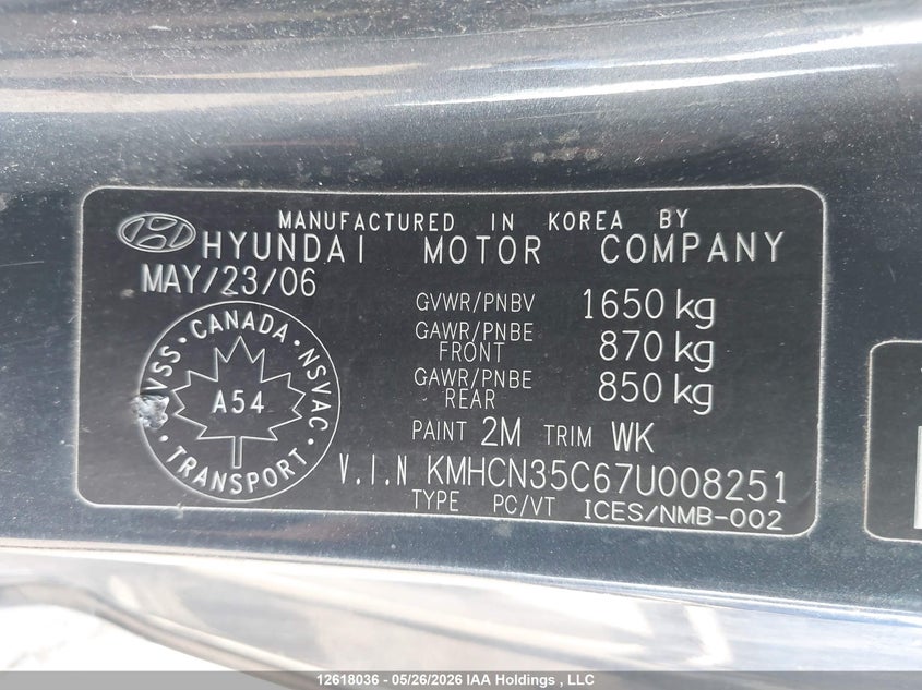 2007 Hyundai Accent Gs/Sr VIN: KMHCN35C67U008251 Lot: 12618036