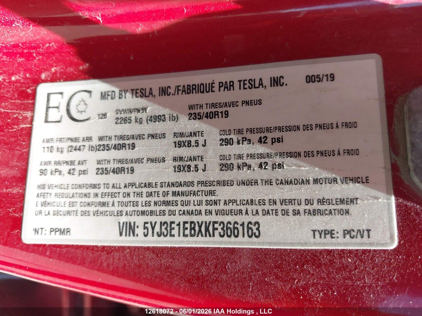2019 Tesla Model 3 Long Range/Performance VIN: 5YJ3E1EBXKF366163 Lot: 12618072