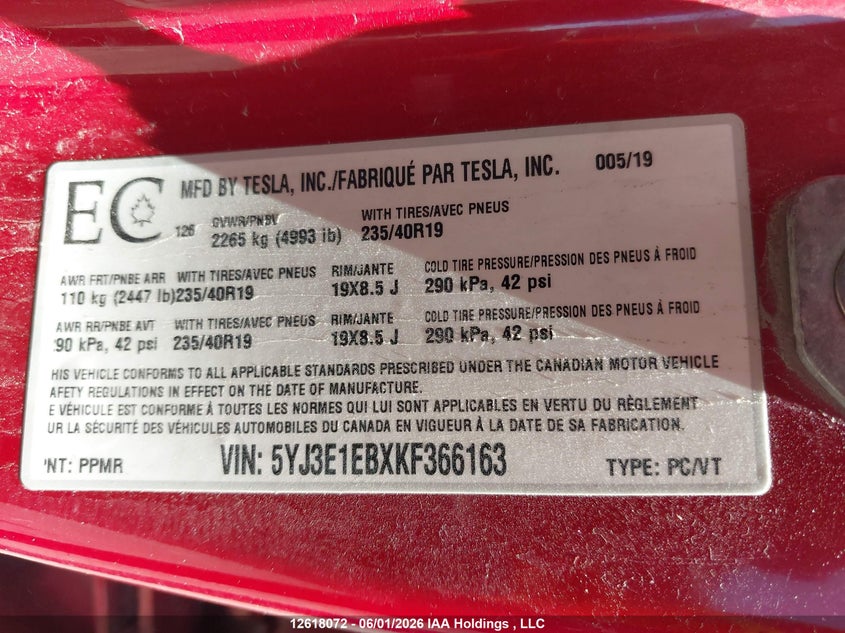 2019 Tesla Model 3 Long Range/Performance VIN: 5YJ3E1EBXKF366163 Lot: 12618072
