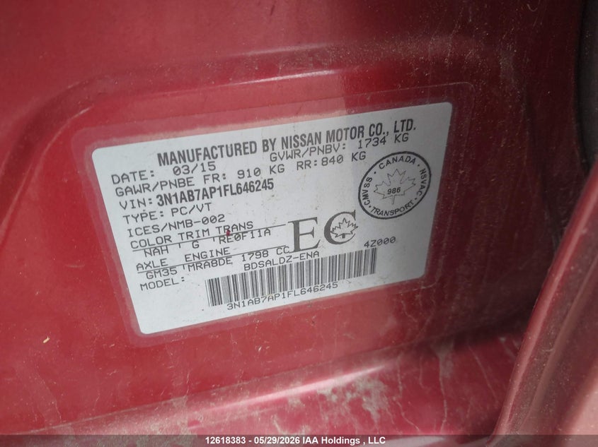 2015 NISSAN SENTRA SEDAN 1.8L I-4 DOHC, VVT, 130HP
