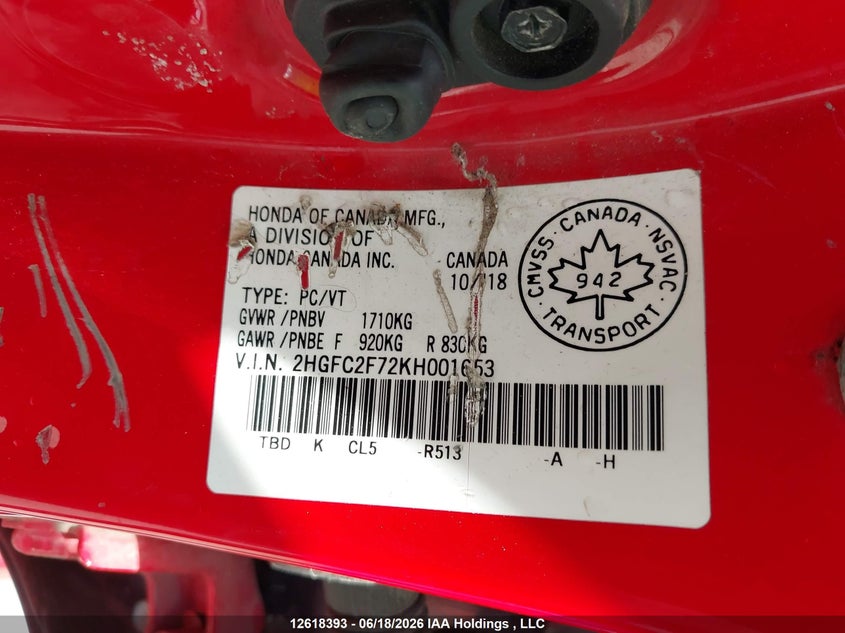2019 HONDA CIVIC SEDAN 2.0L I4 FI DOHC 16V NF4