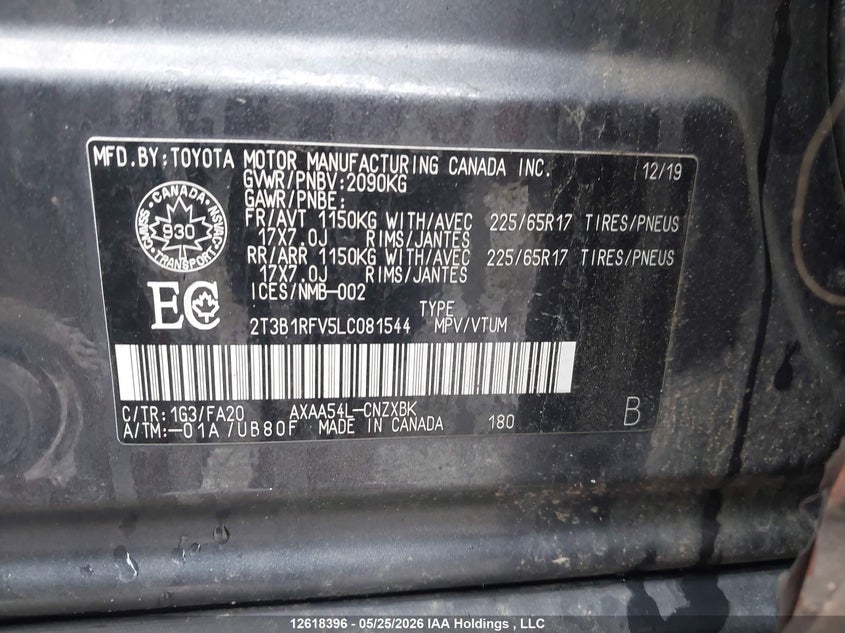 2020 Toyota Rav4 Le VIN: 2T3B1RFV5LC081544 Lot: 12618396