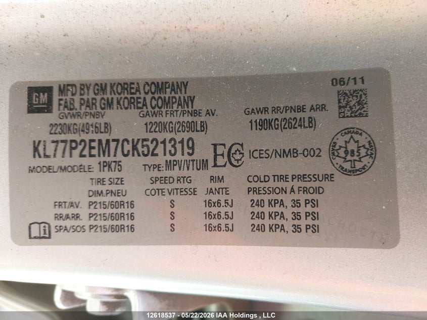 2012 Chevrolet Orlando VIN: KL77P2EM7CK521319 Lot: 12618537