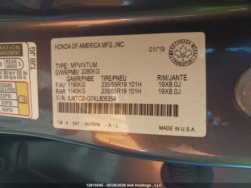 2019 Acura Rdx Tech VIN: 5J8TC2H37KL806354 Lot: 12618545