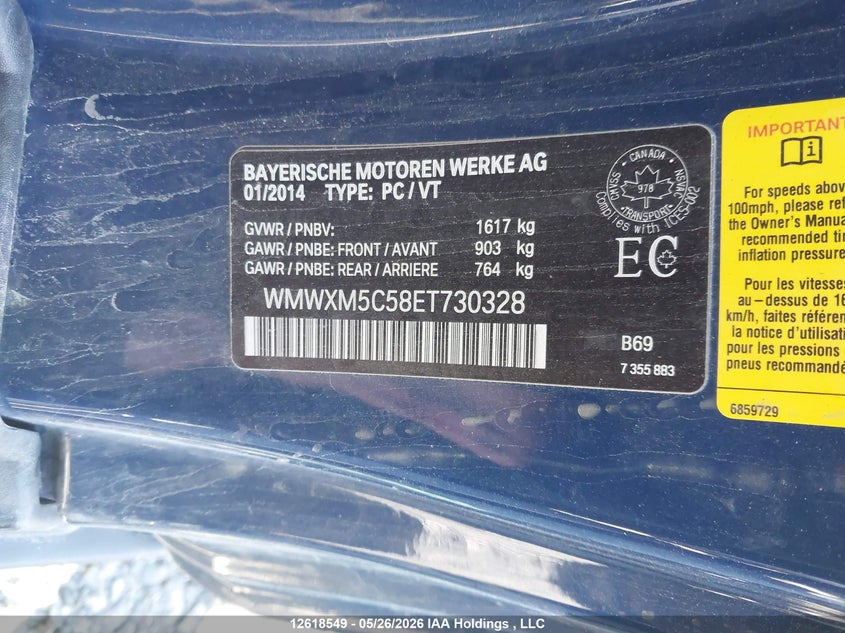 2014 Mini Cooper VIN: WMWXM5C58ET730328 Lot: 12618549