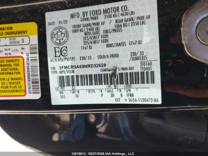 2022 Ford Bronco Sport VIN: 3FMCR9A69NRD32628 Lot: 12618613