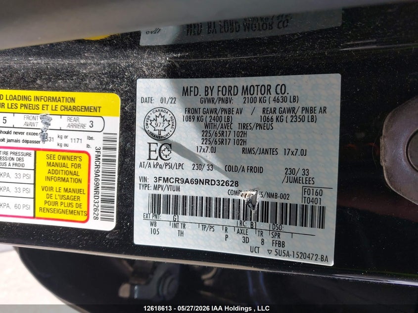 2022 Ford Bronco Sport VIN: 3FMCR9A69NRD32628 Lot: 12618613