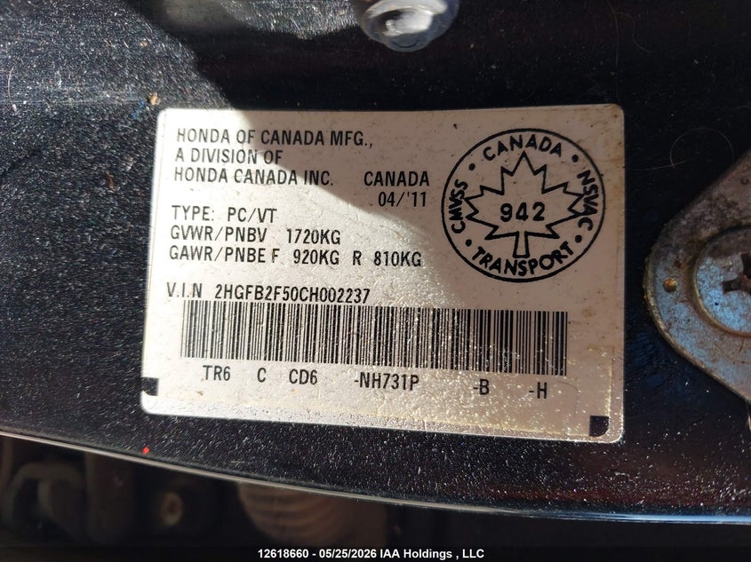 2012 Honda Civic Sdn VIN: 2HGFB2F50CH002237 Lot: 12618660