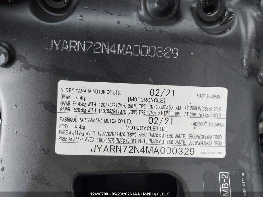 2021 Yamaha Mt09 D VIN: JYARN72N4MA000329 Lot: 12618708