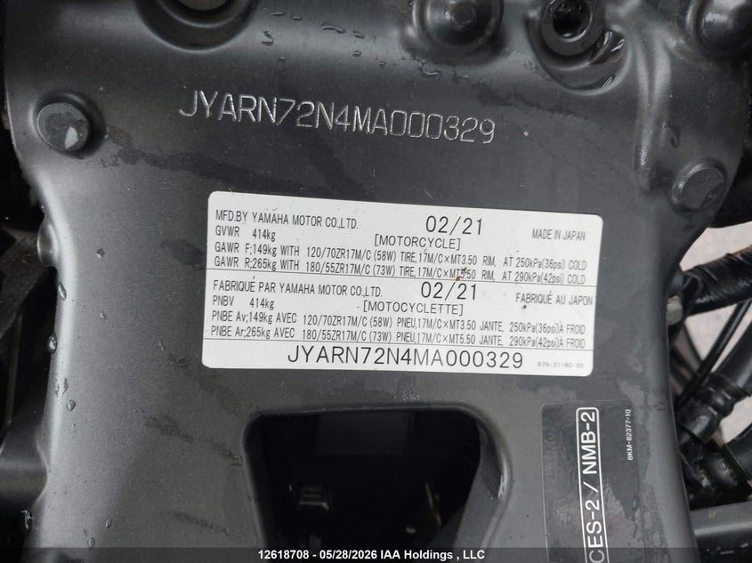 2021 Yamaha Mt09 D VIN: JYARN72N4MA000329 Lot: 12618708