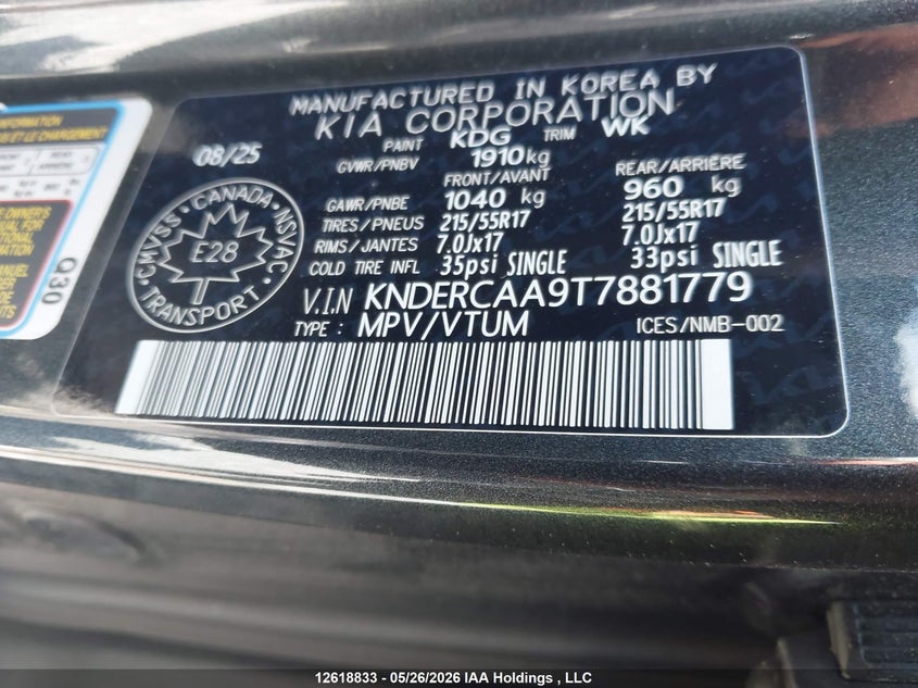 2026 Kia Seltos Ex/Ex Premium VIN: KNDERCAA9T7881779 Lot: 12618833