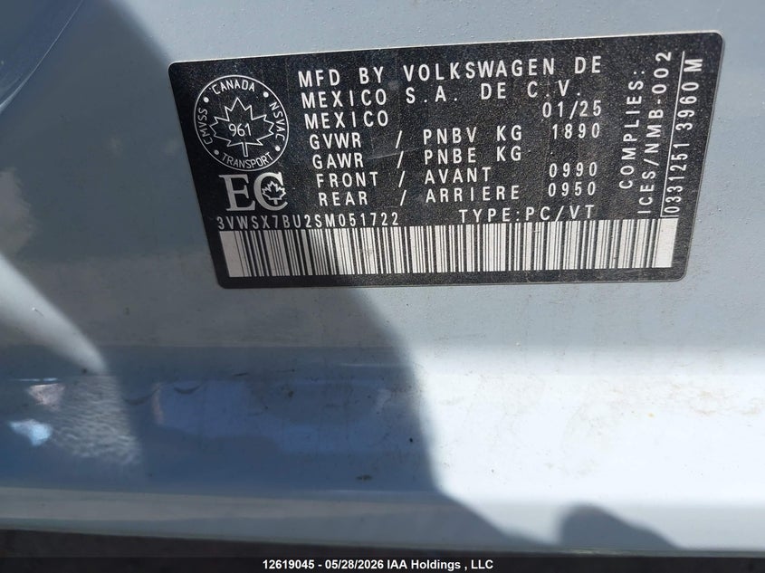 2025 Volkswagen Jetta Comfortline VIN: 3VWSX7BU2SM051722 Lot: 12619045