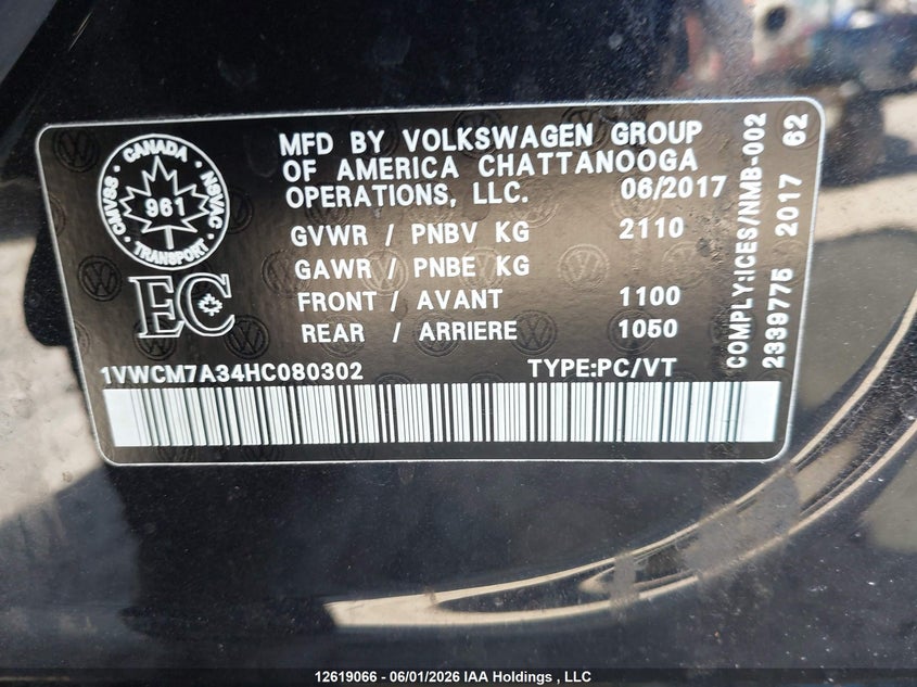 2017 Volkswagen Passat Sel Premium VIN: 1VWCM7A34HC080302 Lot: 12619066