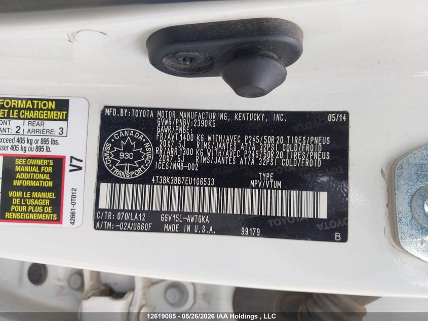 2014 Toyota Venza Base V6 VIN: 4T3BK3BB7EU106533 Lot: 12619085