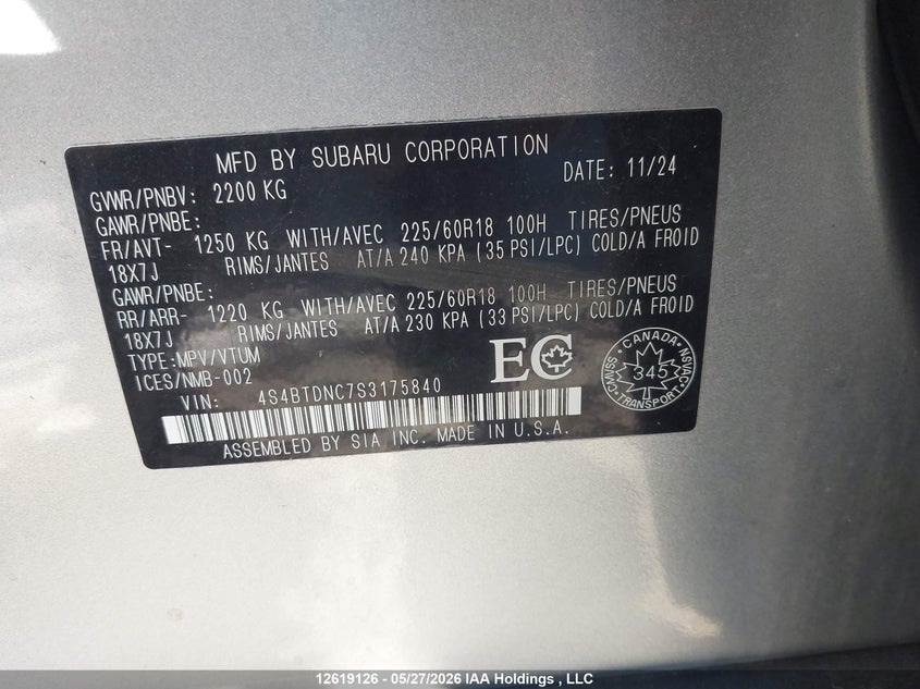 2025 Subaru Outback Limited VIN: 4S4BTDNC7S3175840 Lot: 12619126