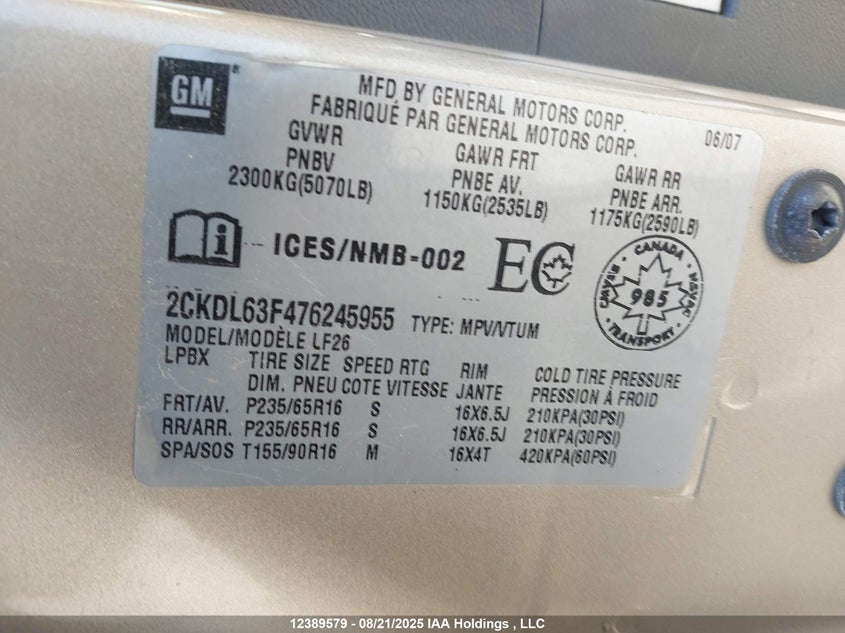 2006 Pontiac Torrent Sport VIN: 2CKDL63F766175169 Lot: 12389579X