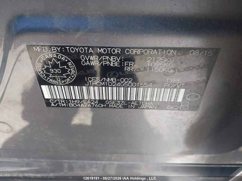 2016 Lexus Is 300 300 VIN: JTHCM1D24G5001554 Lot: 12619191