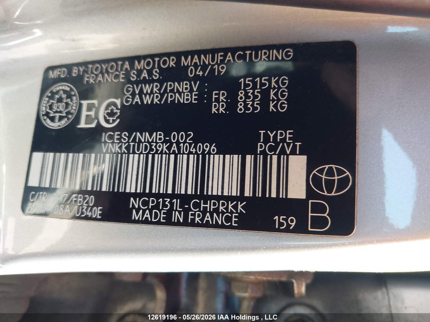 2019 Toyota Yaris L/Le/Se VIN: VNKKTUD39KA104096 Lot: 12619196