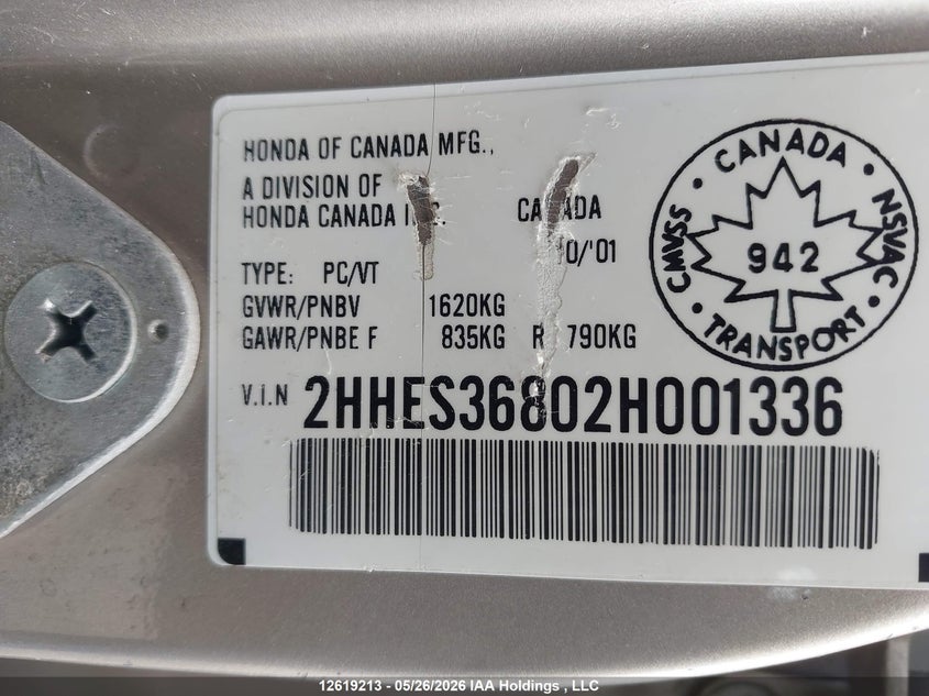2002 Acura 1.7El Premium VIN: 2HHES36802H001336 Lot: 12619213