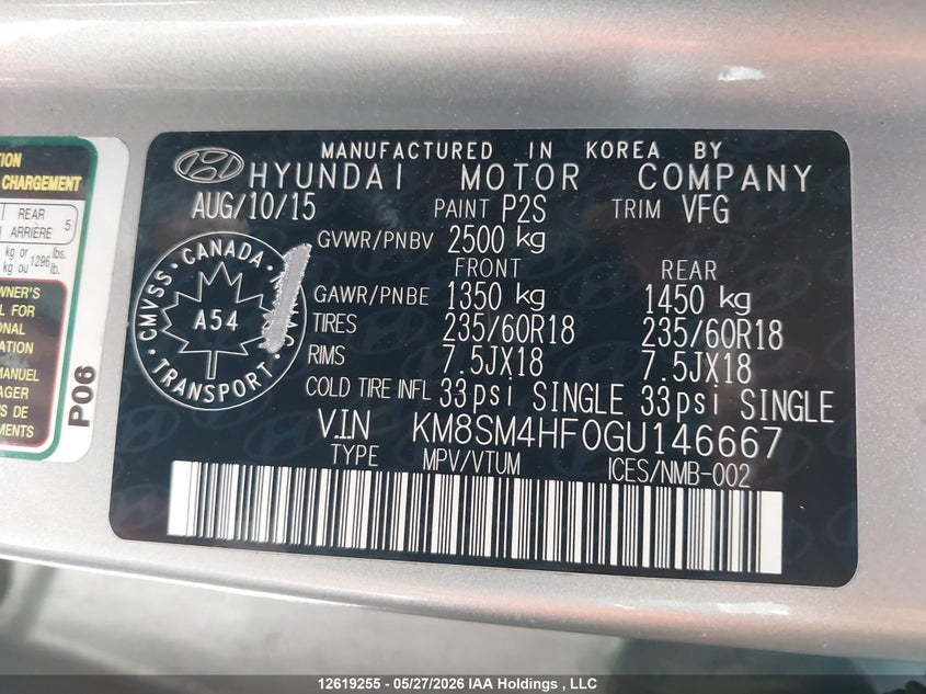 2016 Hyundai Santa Fe Xl VIN: KM8SM4HF0GU146667 Lot: 12619255