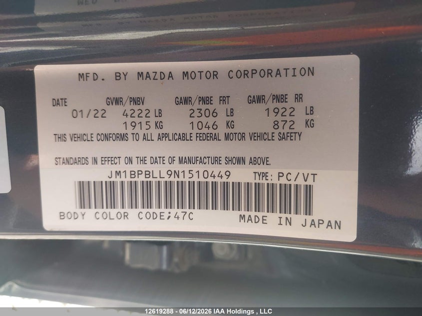 2022 Mazda 3 Preferred VIN: JM1BPBLL9N1510449 Lot: 12619288