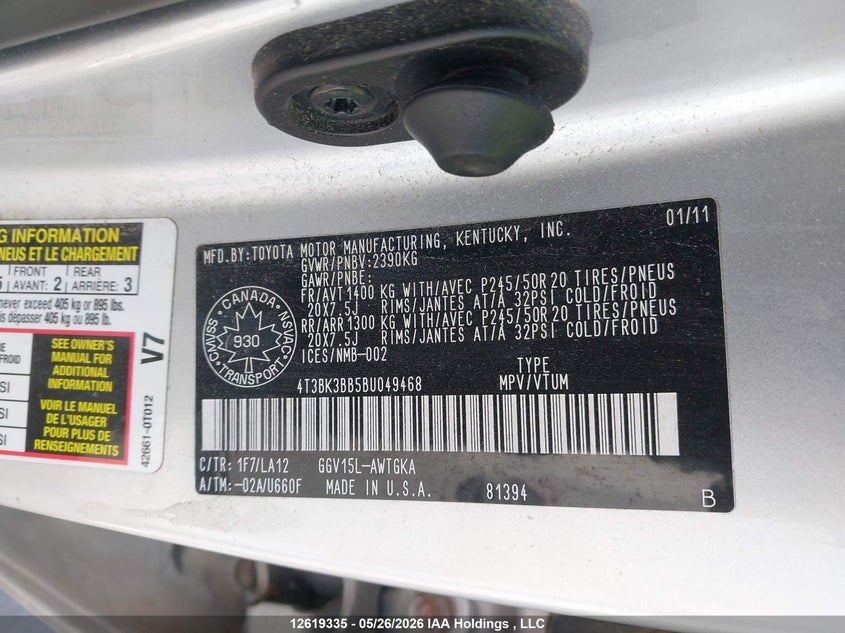 2011 Toyota Venza VIN: 4T3BK3BB5BU049468 Lot: 12619335