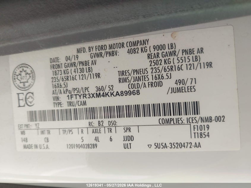 2019 Ford Transit-250 VIN: 1FTYR3XM4KKA89968 Lot: 12619341