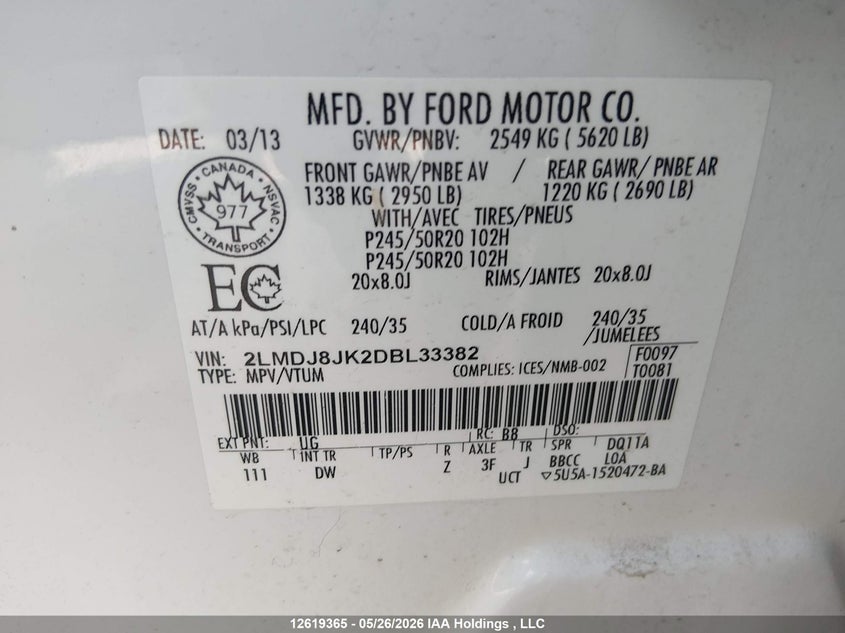 2013 Lincoln Mkx VIN: 2LMDJ8JK2DBL33382 Lot: 12619365