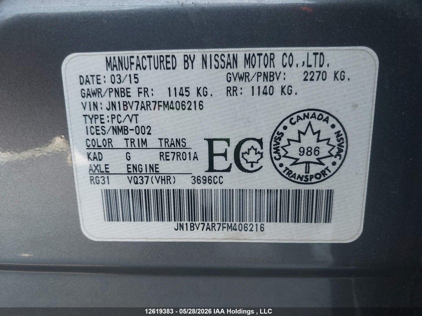 2015 Infiniti Q50 Premium/Sport VIN: JN1BV7AR7FM406216 Lot: 12619383