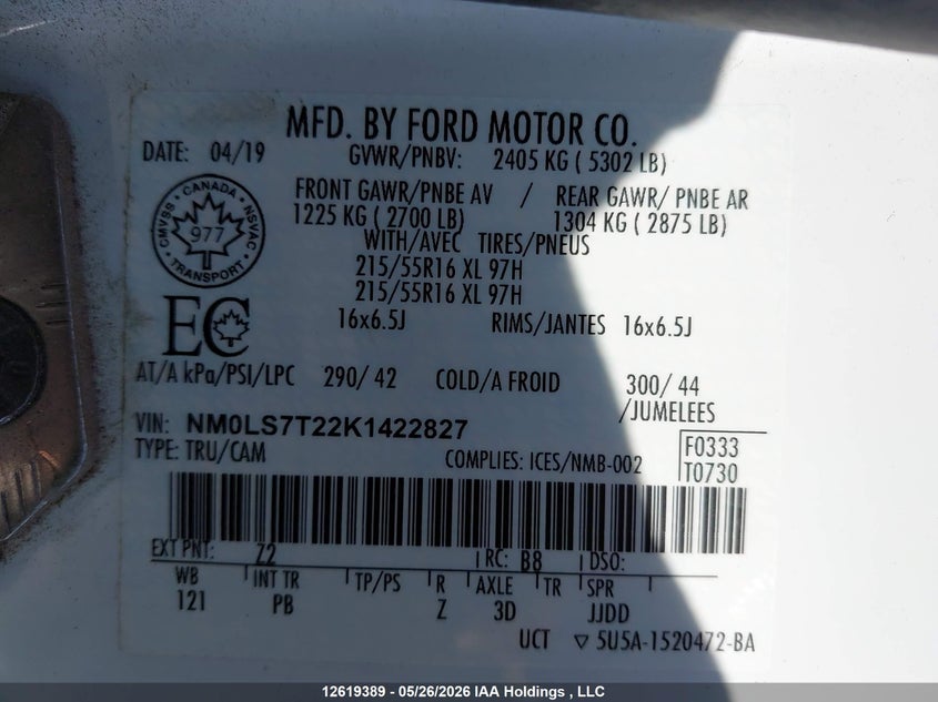 2019 Ford Transit Connect Xlt VIN: NM0LS7T22K1422827 Lot: 12619389