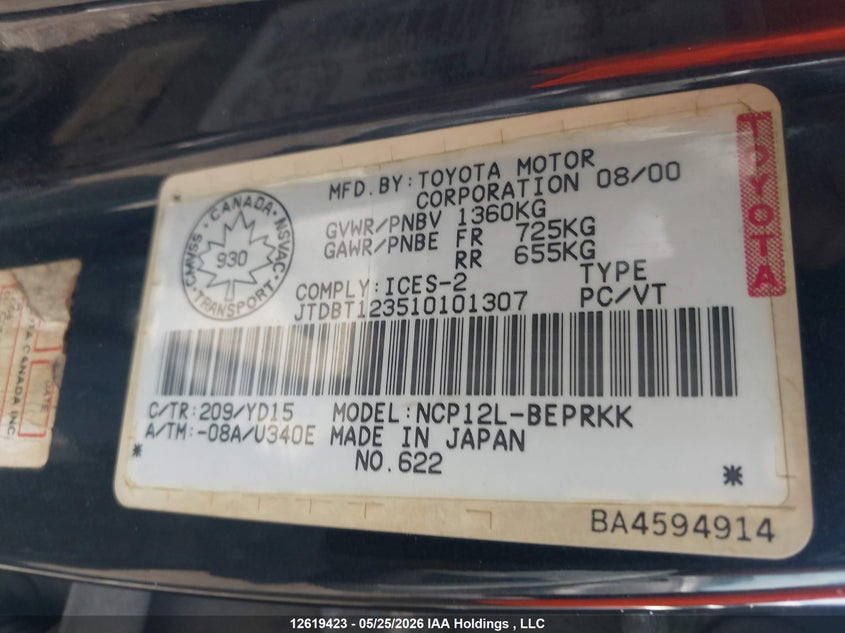 2001 Toyota Echo VIN: JTDBT123510101307 Lot: 12619423