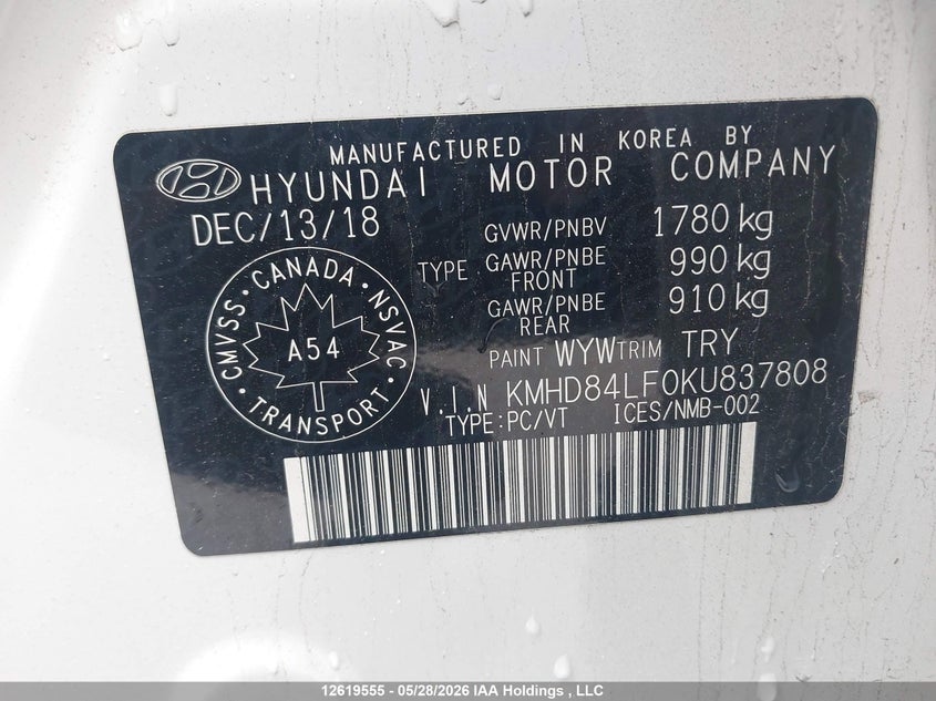 2019 Hyundai Elantra Preferred VIN: KMHD84LF0KU837808 Lot: 12619555