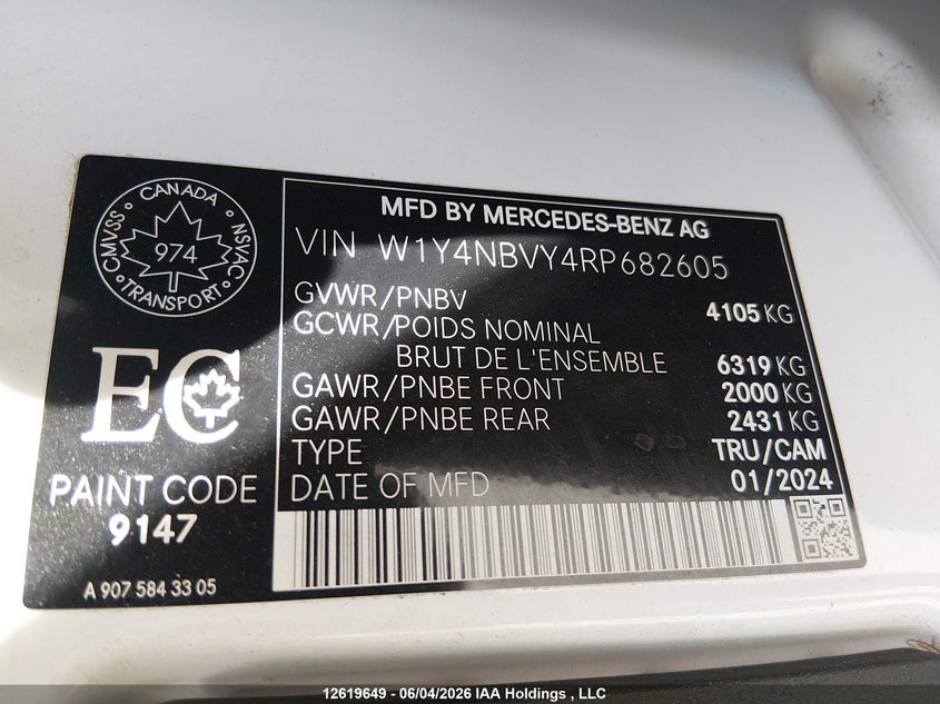2024 Mercedes-Benz Sprinter 2500 VIN: W1Y4NBVY4RP682605 Lot: 12619649