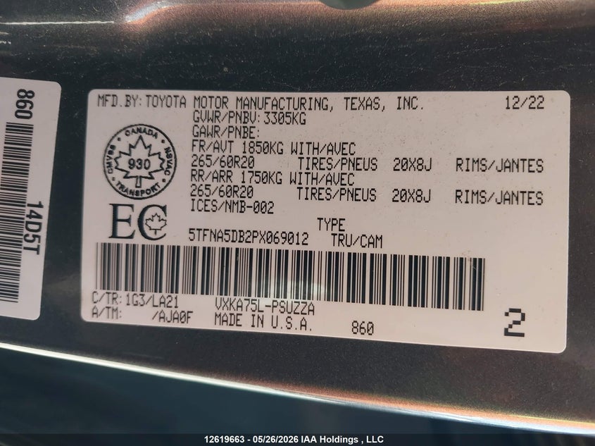 2023 Toyota Tundra Platinum VIN: 5TFNA5DB2PX069012 Lot: 12619663