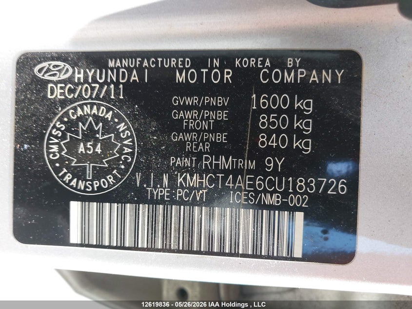 2012 Hyundai Accent Gls/Gs VIN: KMHCT4AE6CU183726 Lot: 12619836