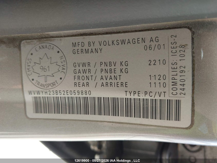 2002 Volkswagen Passat Glx VIN: WVWYH23B52E059880 Lot: 12619900
