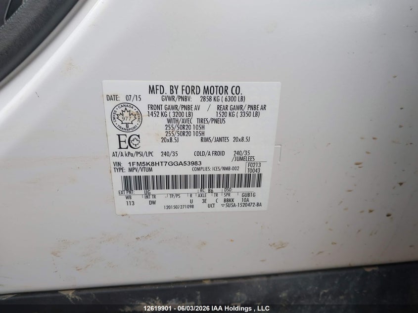 2016 Ford Explorer Platinum VIN: 1FM5K8HT7GGA53983 Lot: 12619901