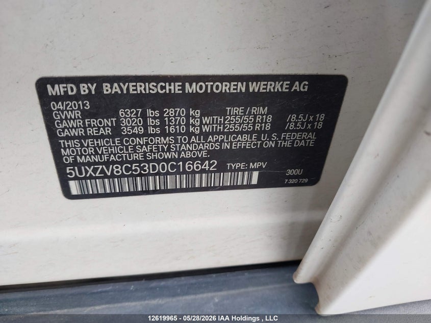 2013 BMW X5 xDrive50I VIN: 5UXZV8C53D0C16642 Lot: 12619965