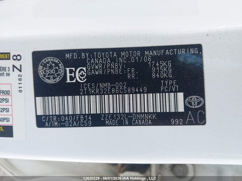 2006 Toyota Corolla Matrix Xr VIN: 2T1KR32E86C589449 Lot: 12620229