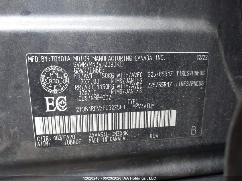 2023 Toyota Rav4 Le VIN: 2T3B1RFV7PC327581 Lot: 12620248