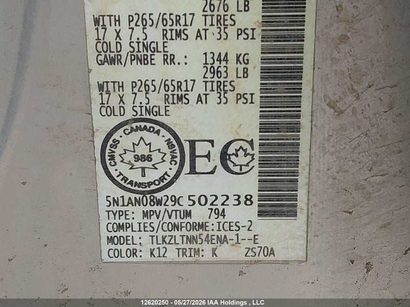 2009 Nissan Xterra Off Road/S/Se VIN: 5N1AN08W29C502238 Lot: 12620250