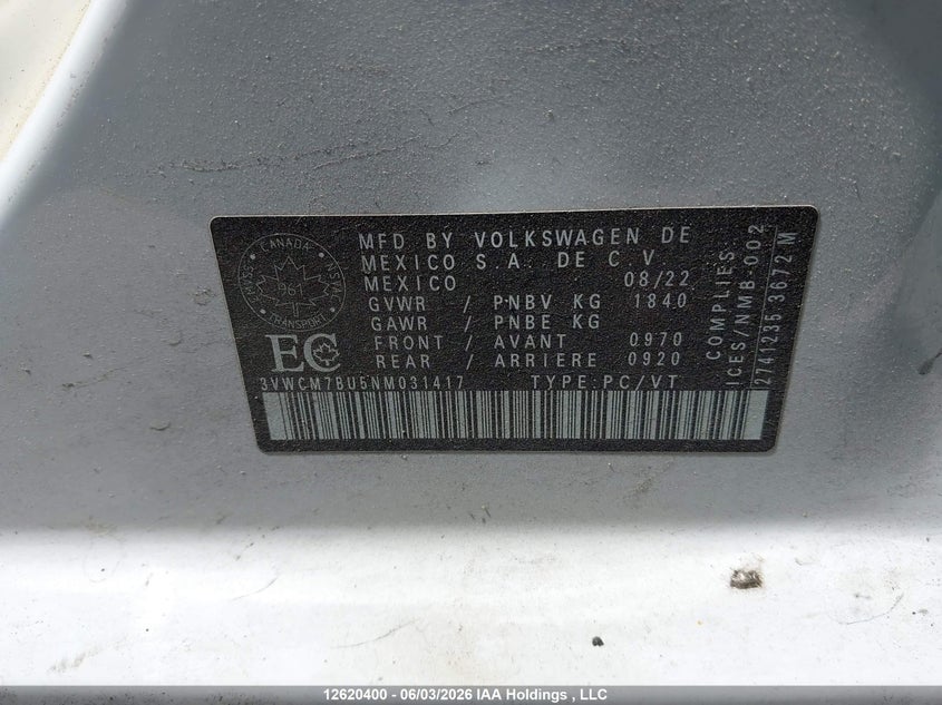 2022 Volkswagen Jetta Trendline VIN: 3VWCM7BU5NM031417 Lot: 12620400