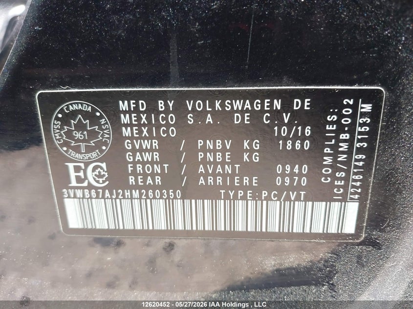2017 Volkswagen Jetta Wolfsburg Edition VIN: 3VWB67AJ2HM260350 Lot: 12620452