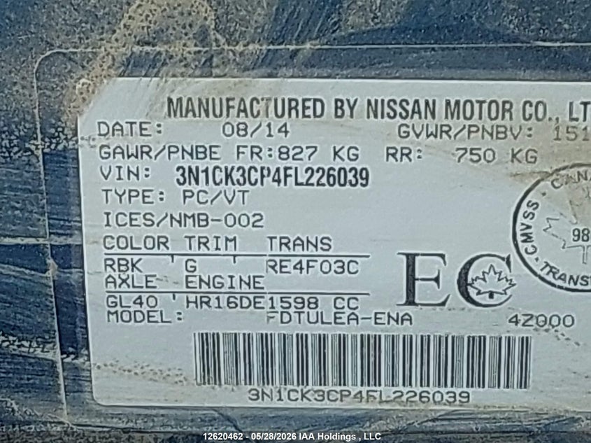 2015 Nissan Micra VIN: 3N1CK3CP4FL226039 Lot: 12620462